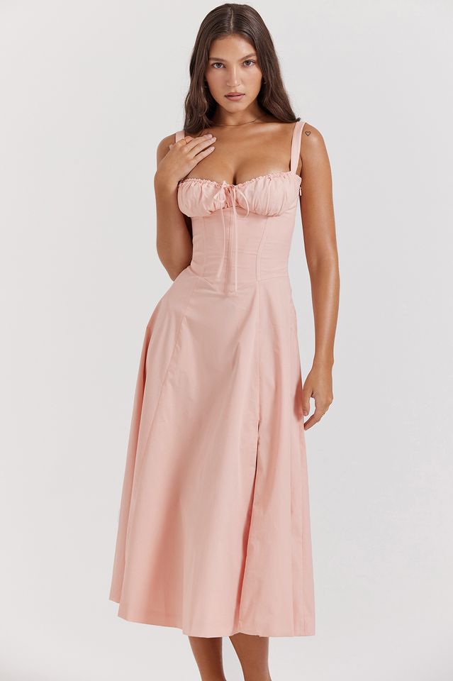 Zinnia | Midi Dress with Ruched Bust and Lace Back