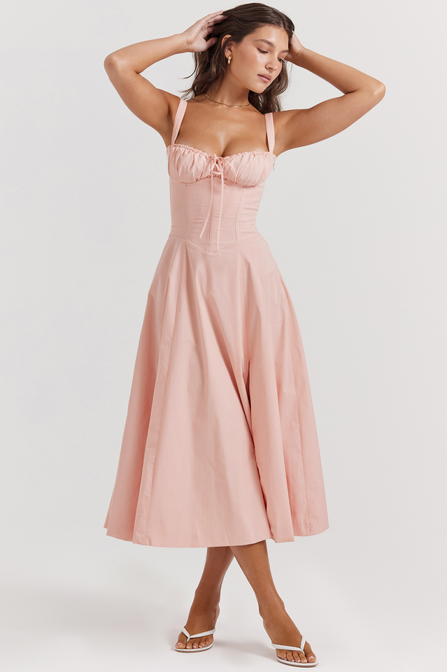 Zinnia | Midi Dress with Ruched Bust and Lace Back