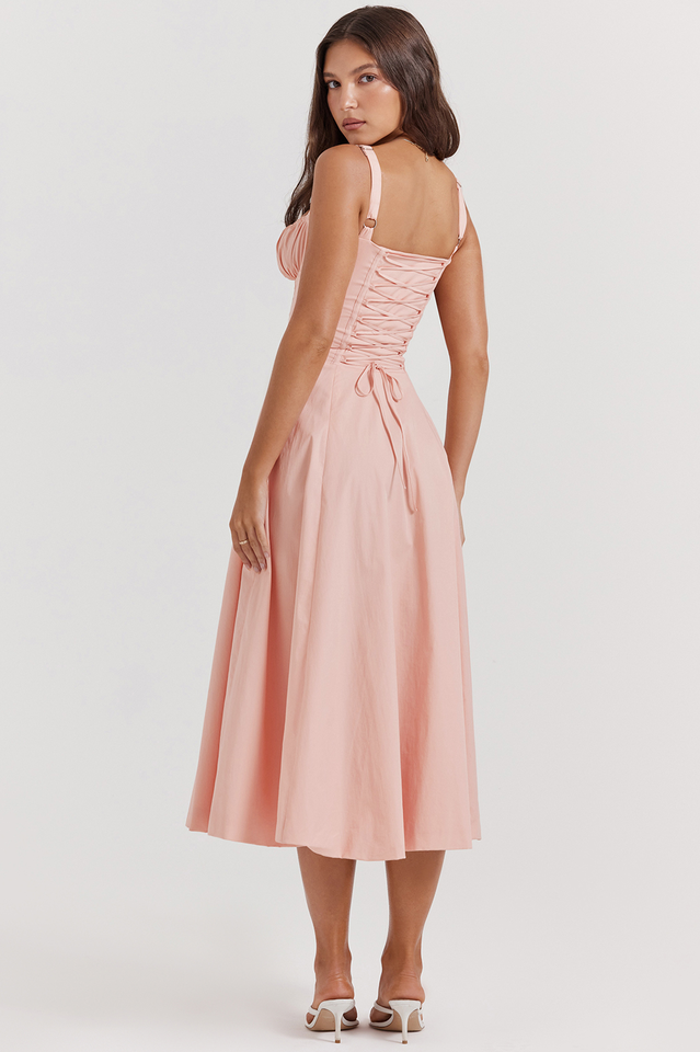 Zinnia | Midi Dress with Ruched Bust and Lace Back