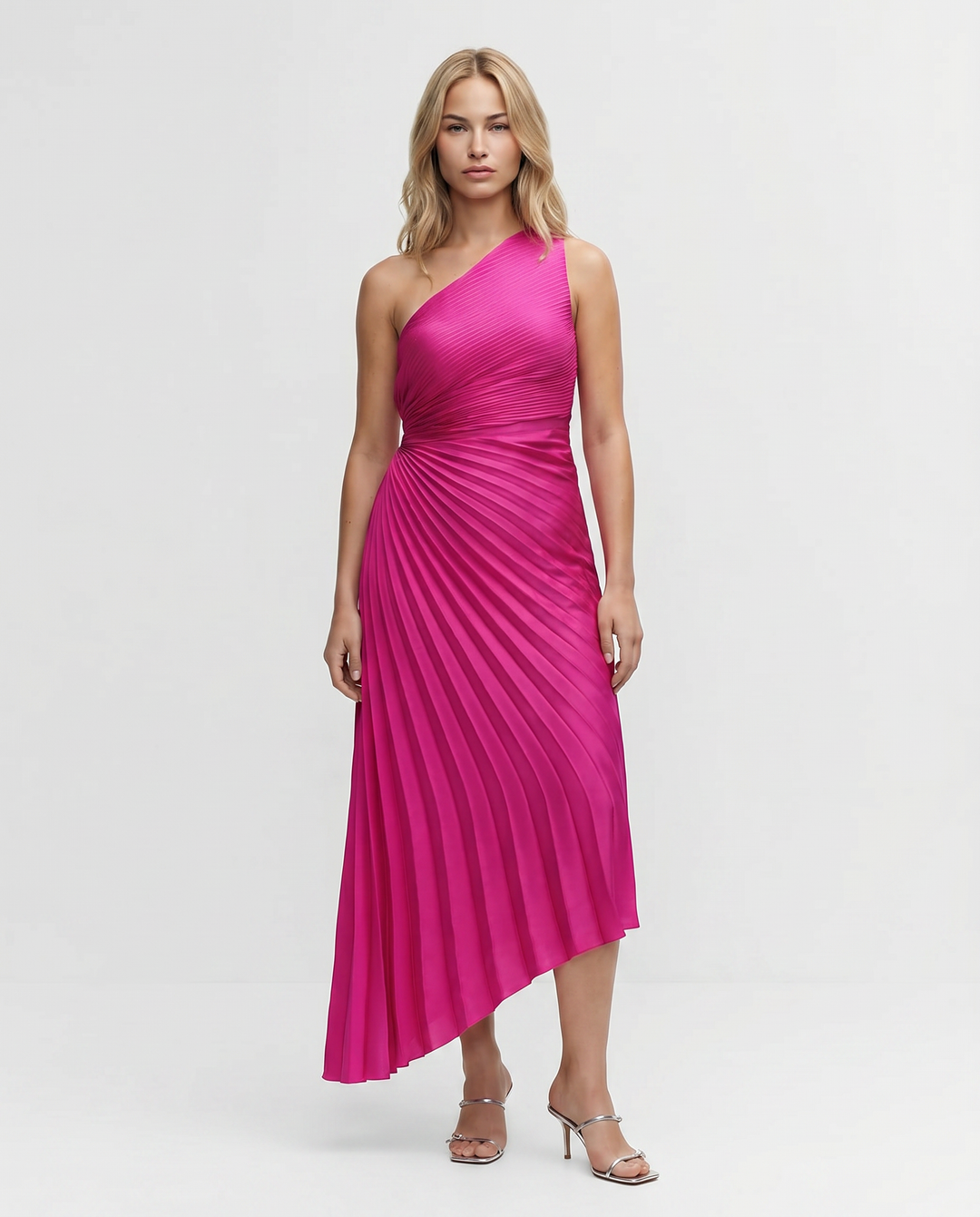 Ava | One Shoulder Midi Dress with Pleated Detail