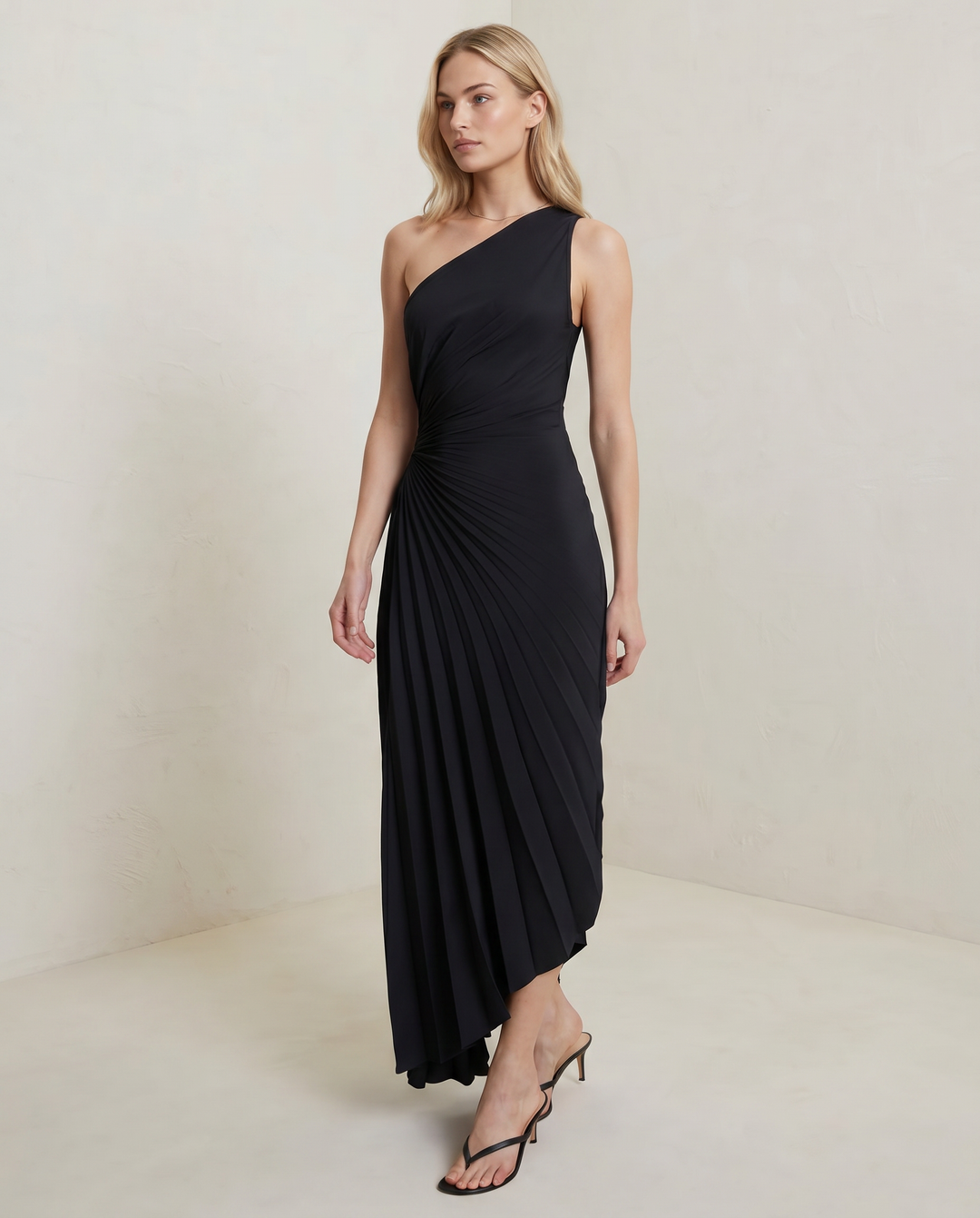 Ava | One Shoulder Midi Dress with Pleated Detail