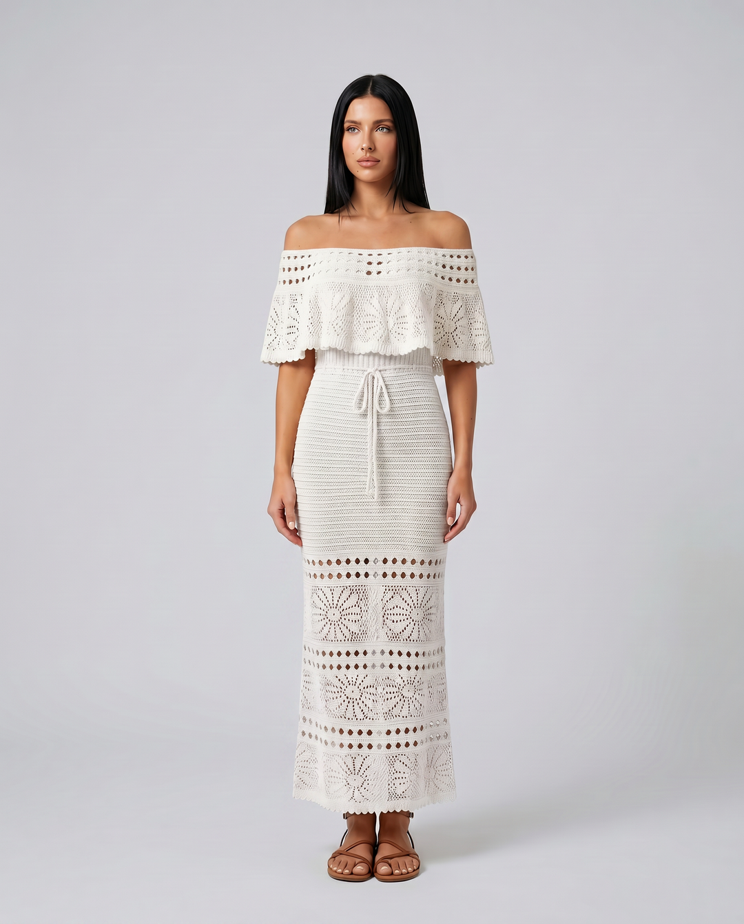 Mara | Midi Crochet Dress with Off-Shoulder Neckline