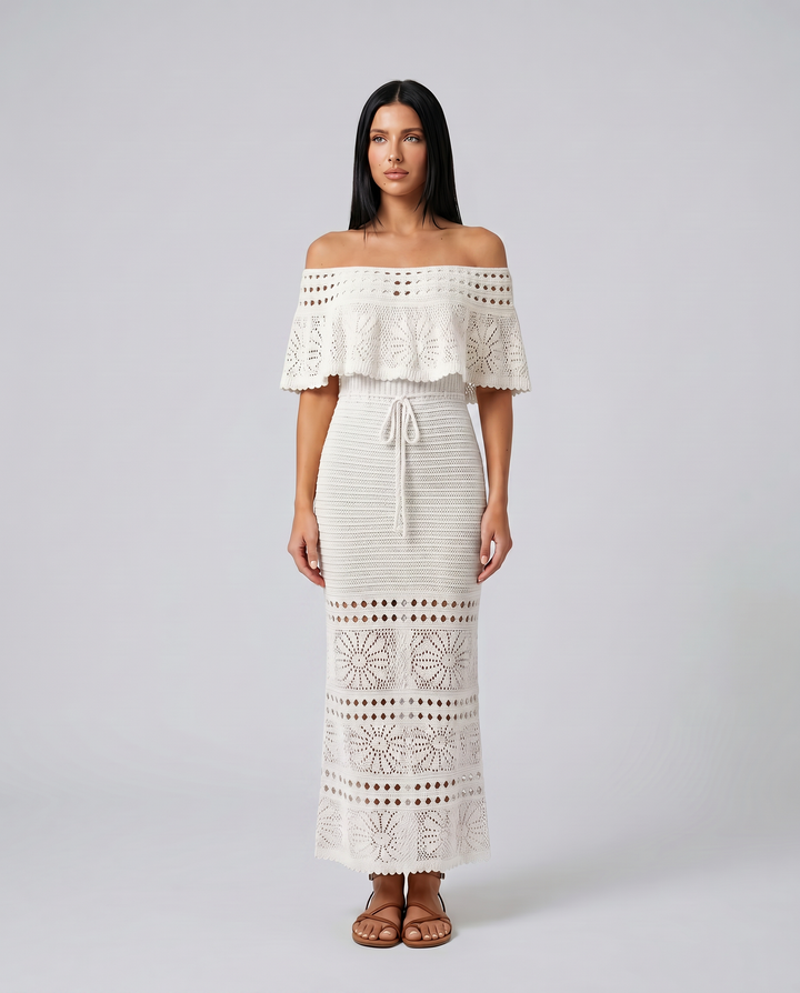 Mara | Midi Crochet Dress with Off-Shoulder Neckline