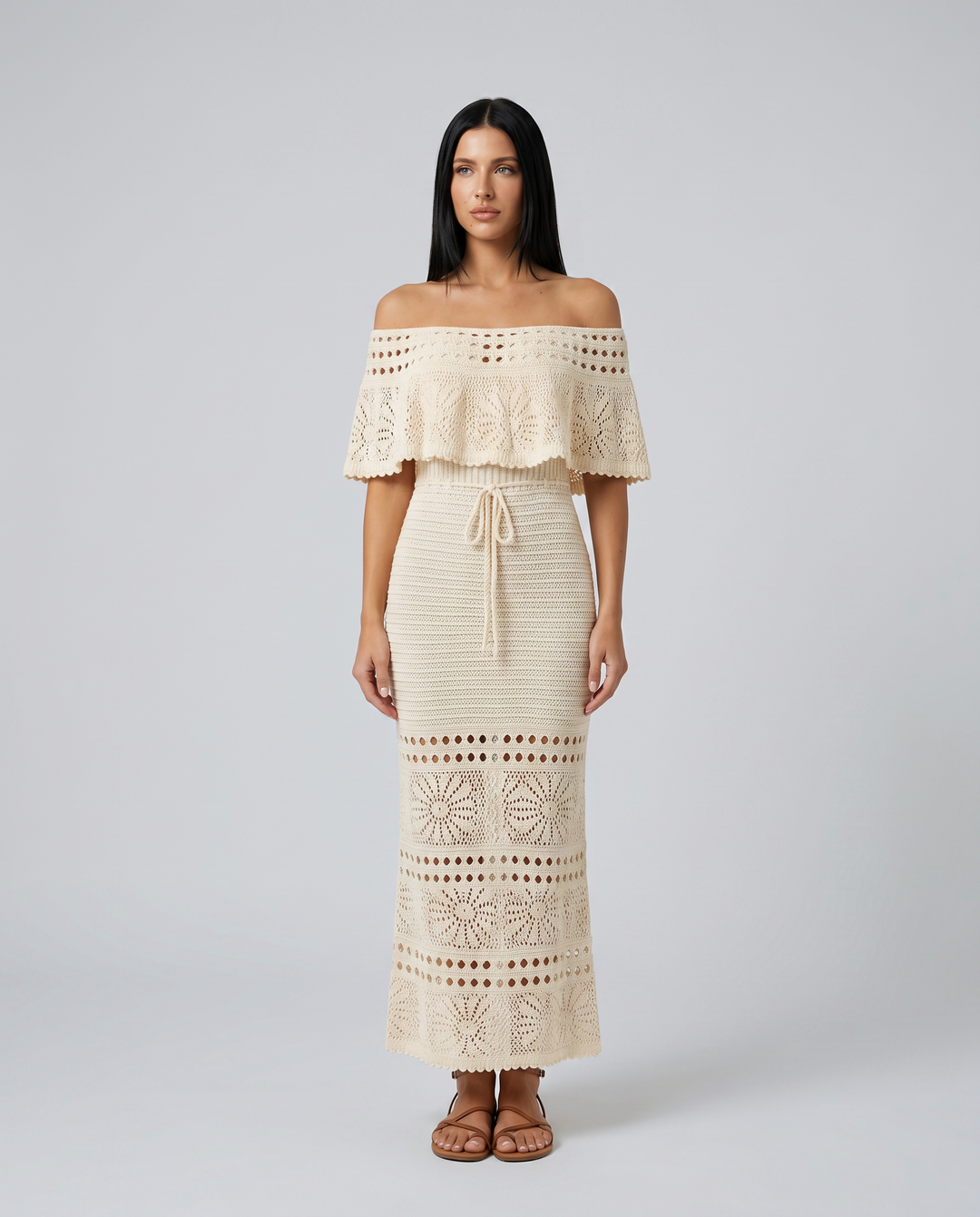 Mara | Midi Crochet Dress with Off-Shoulder Neckline