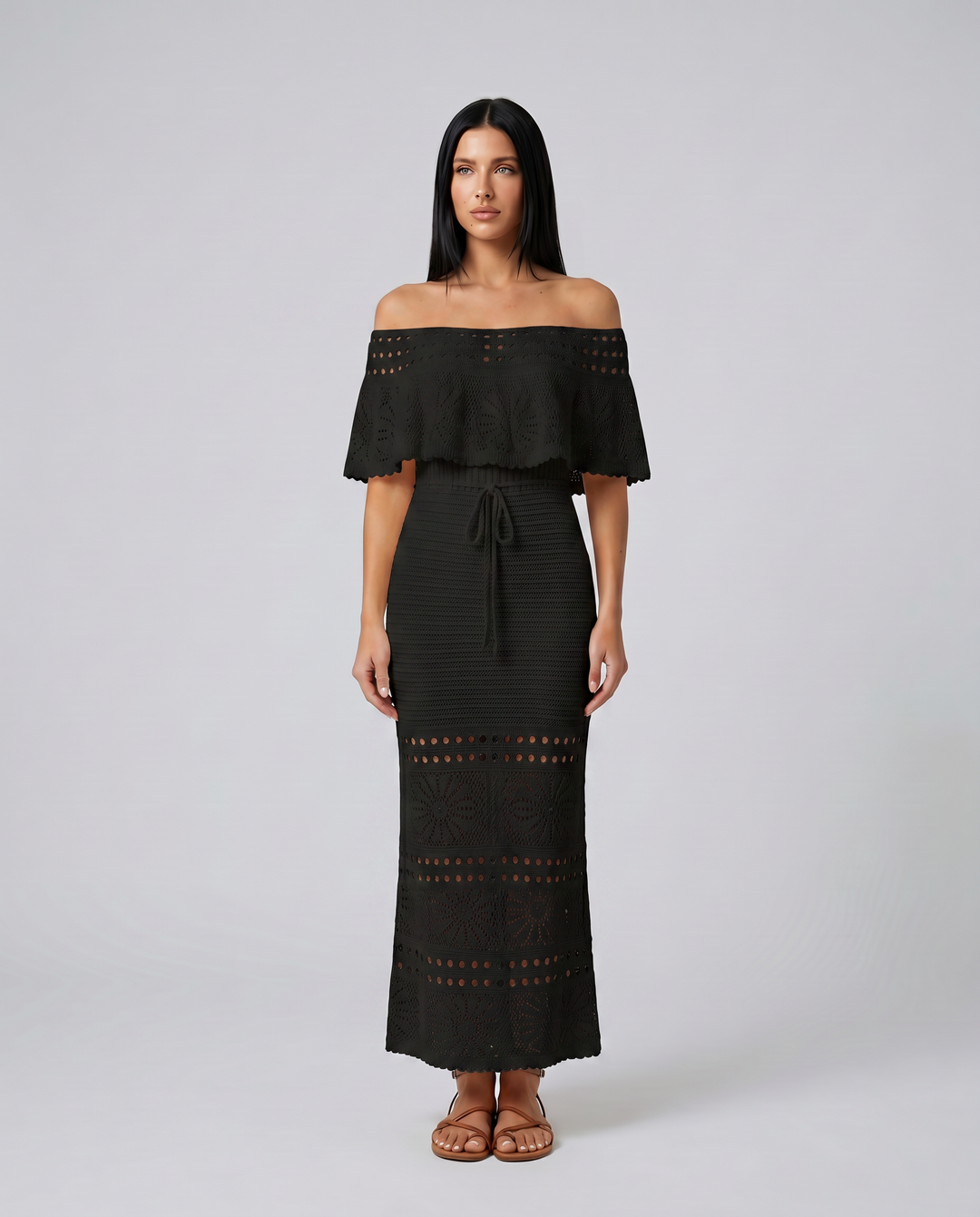 Mara | Midi Crochet Dress with Off-Shoulder Neckline