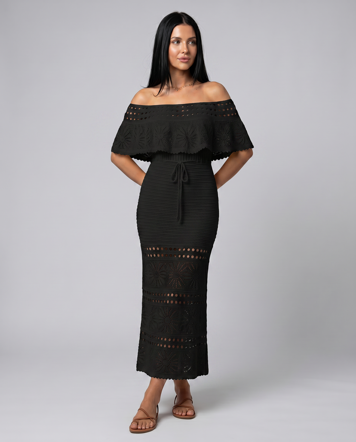 Mara | Midi Crochet Dress with Off-Shoulder Neckline