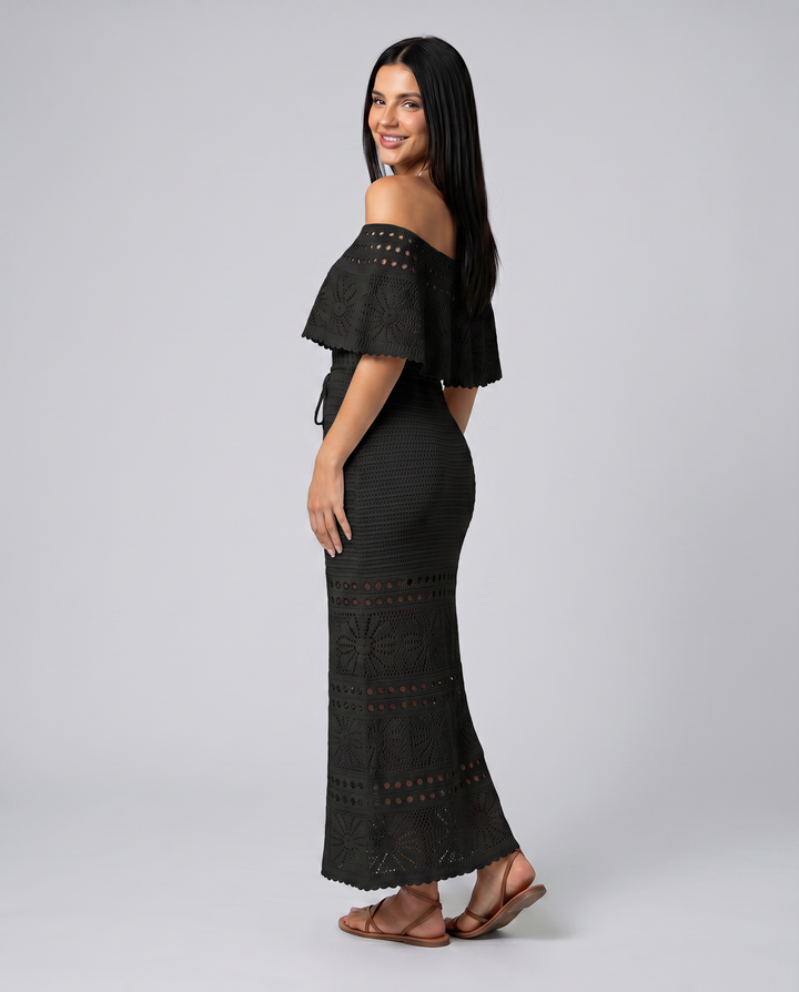 Mara | Midi Crochet Dress with Off-Shoulder Neckline