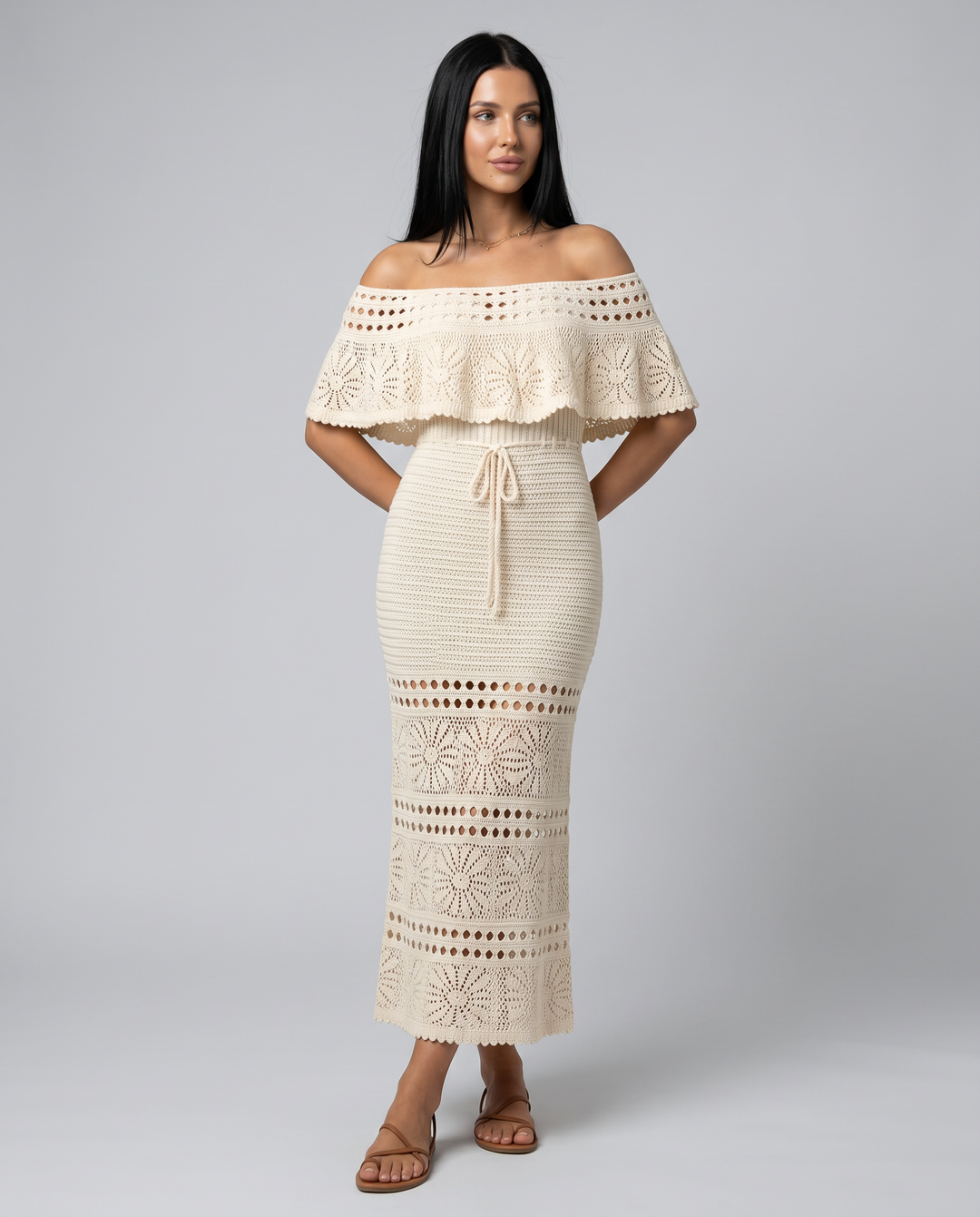 Mara | Midi Crochet Dress with Off-Shoulder Neckline