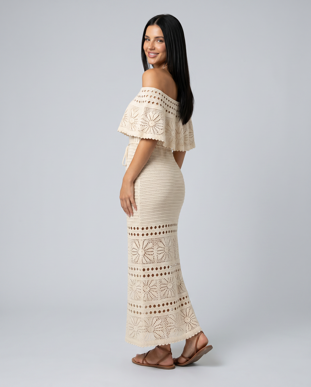 Mara | Midi Crochet Dress with Off-Shoulder Neckline