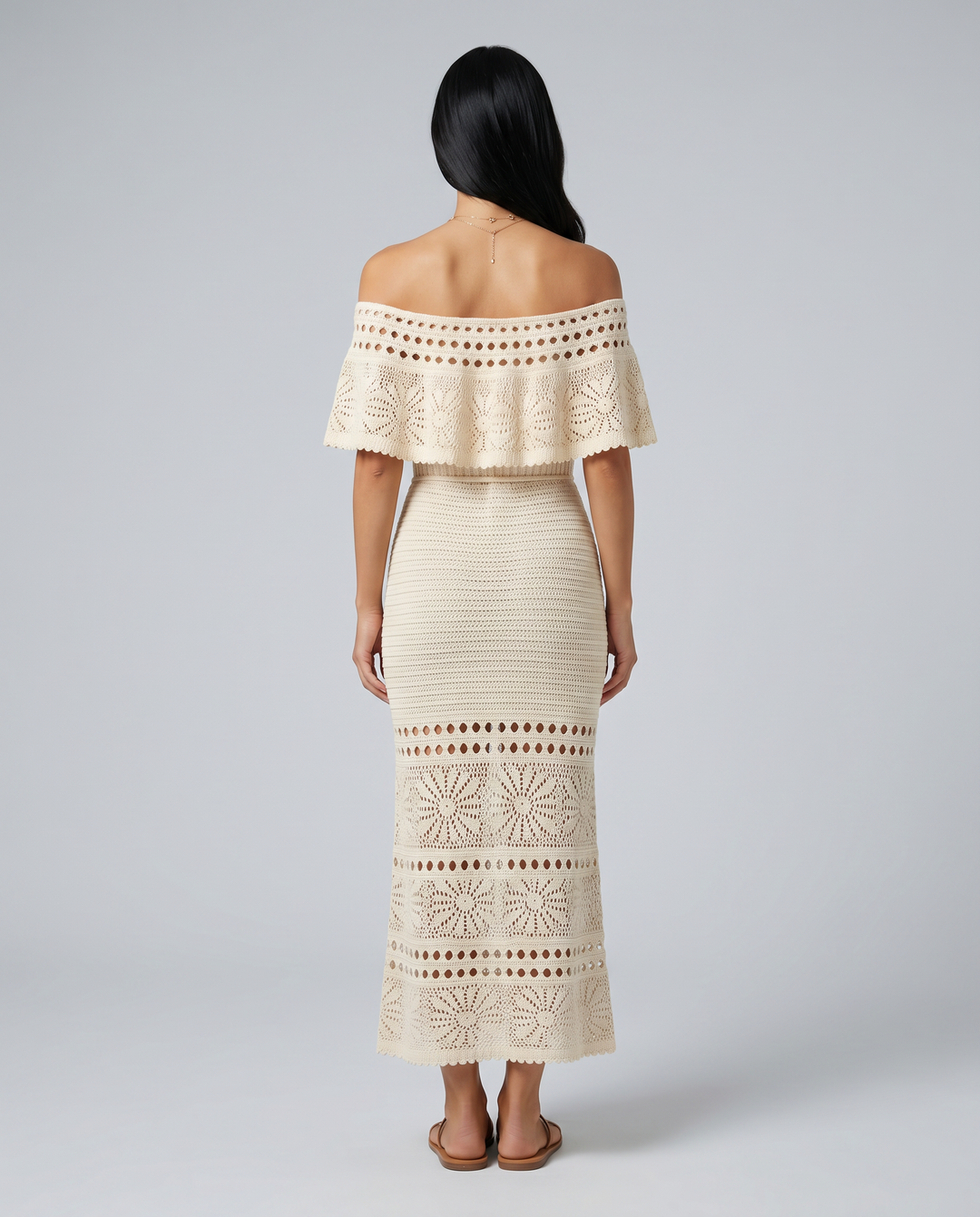 Mara | Midi Crochet Dress with Off-Shoulder Neckline