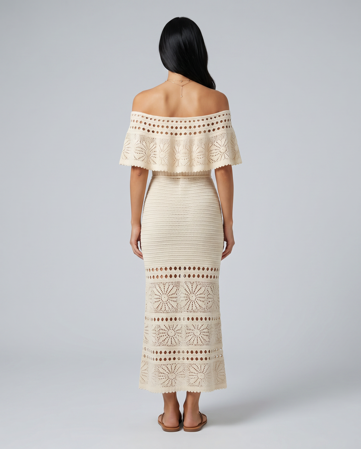 Mara | Midi Crochet Dress with Off-Shoulder Neckline