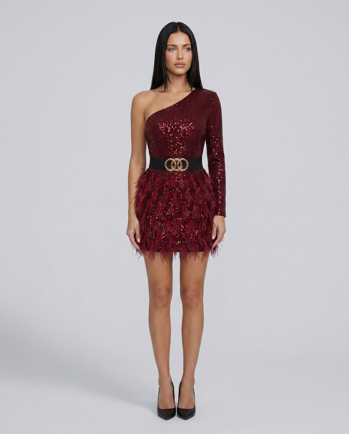 Eva | Mini Dress with One-Shoulder Sequin Bodice and Feather Skirt