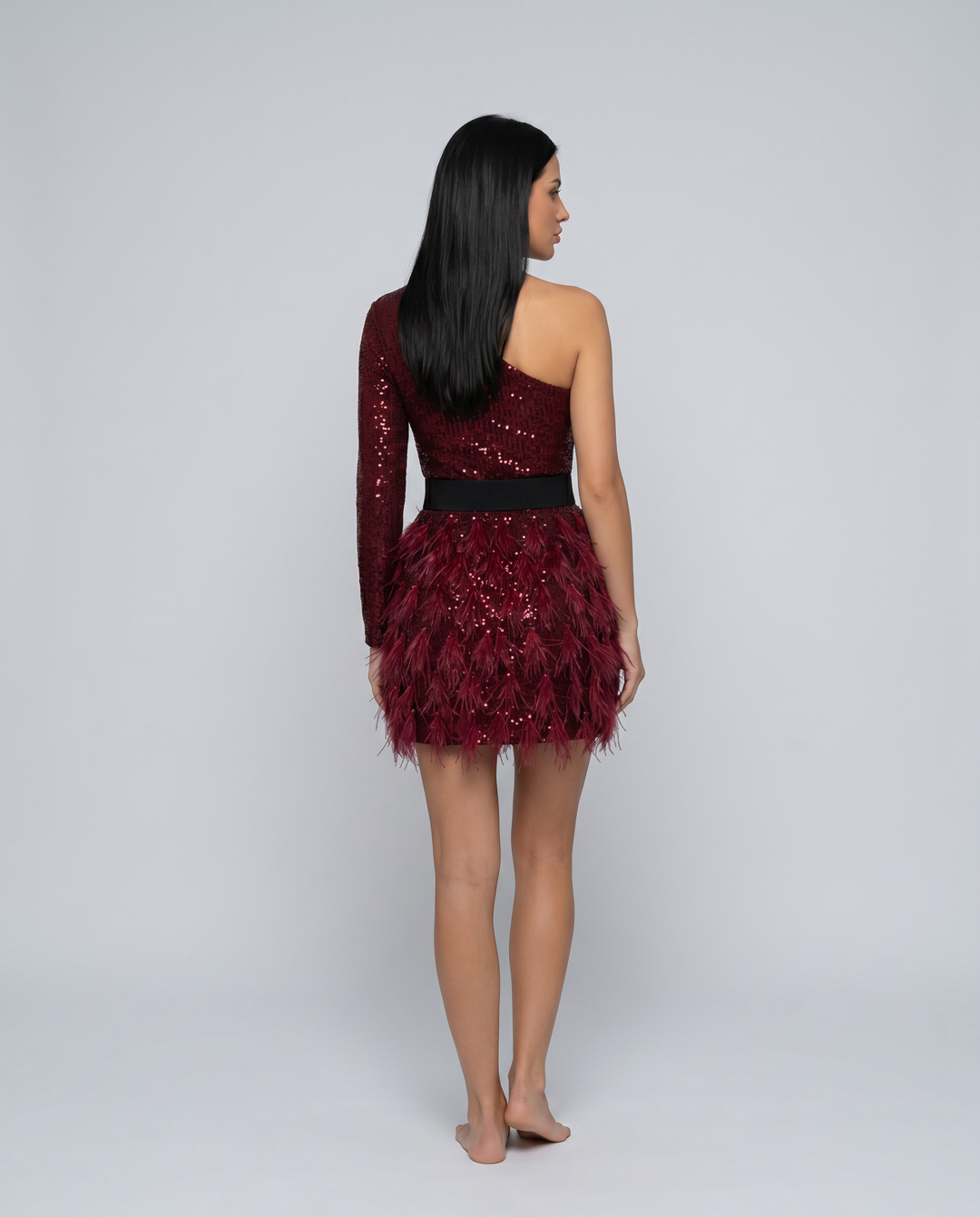 Eva | Mini Dress with One-Shoulder Sequin Bodice and Feather Skirt