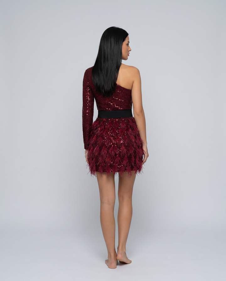 Eva | Mini Dress with One-Shoulder Sequin Bodice and Feather Skirt