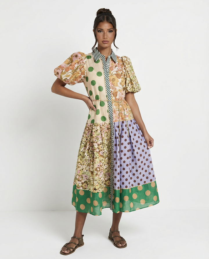 Effie | Midi Shirt Dress with Mixed Print Panels