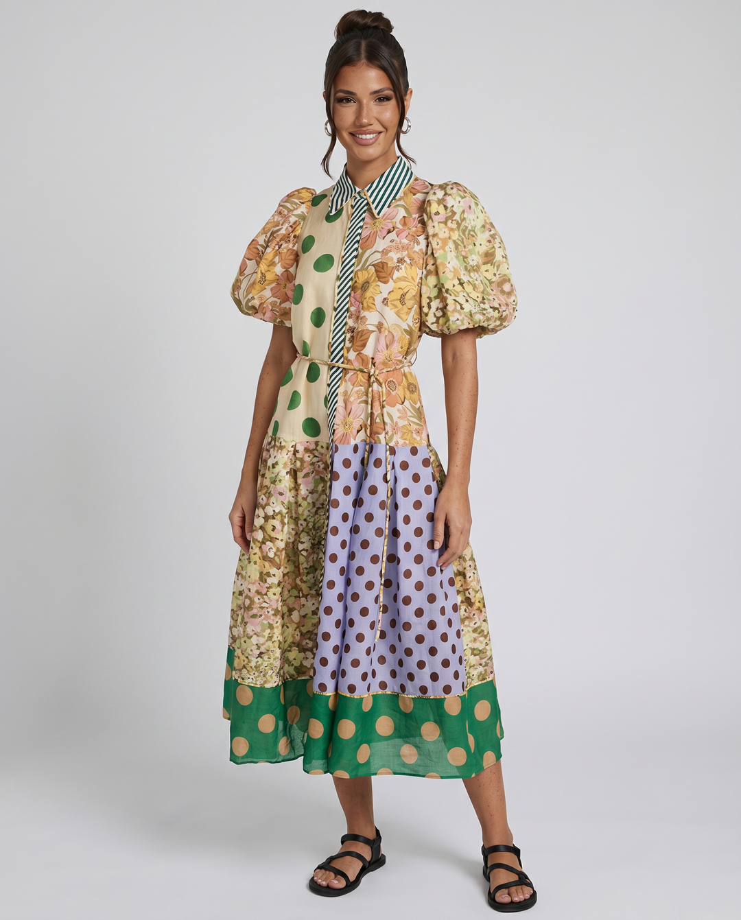 Effie | Midi Shirt Dress with Mixed Print Panels