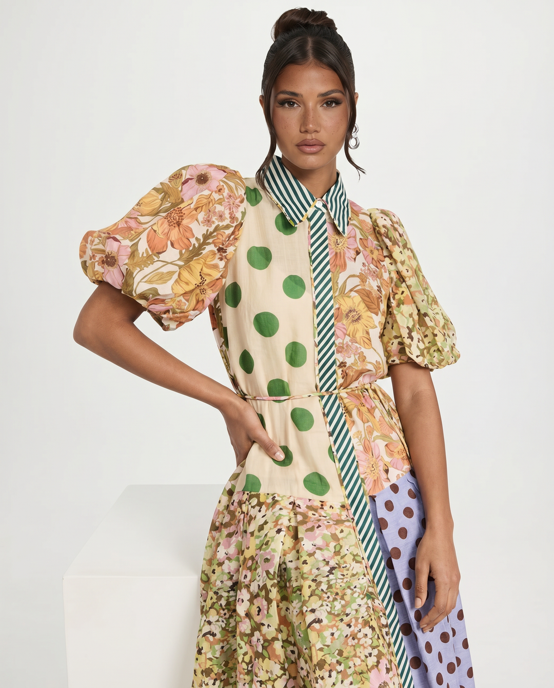 Effie | Midi Shirt Dress with Mixed Print Panels