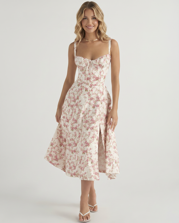Gloria | Midi Dress with Floral Print and Structured Bodice