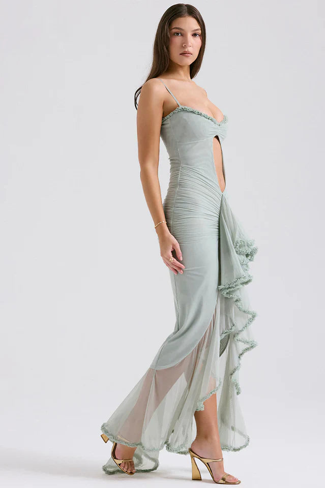 Ellen | Maxi Dress with Ruffle Detail and Front Cut-Out
