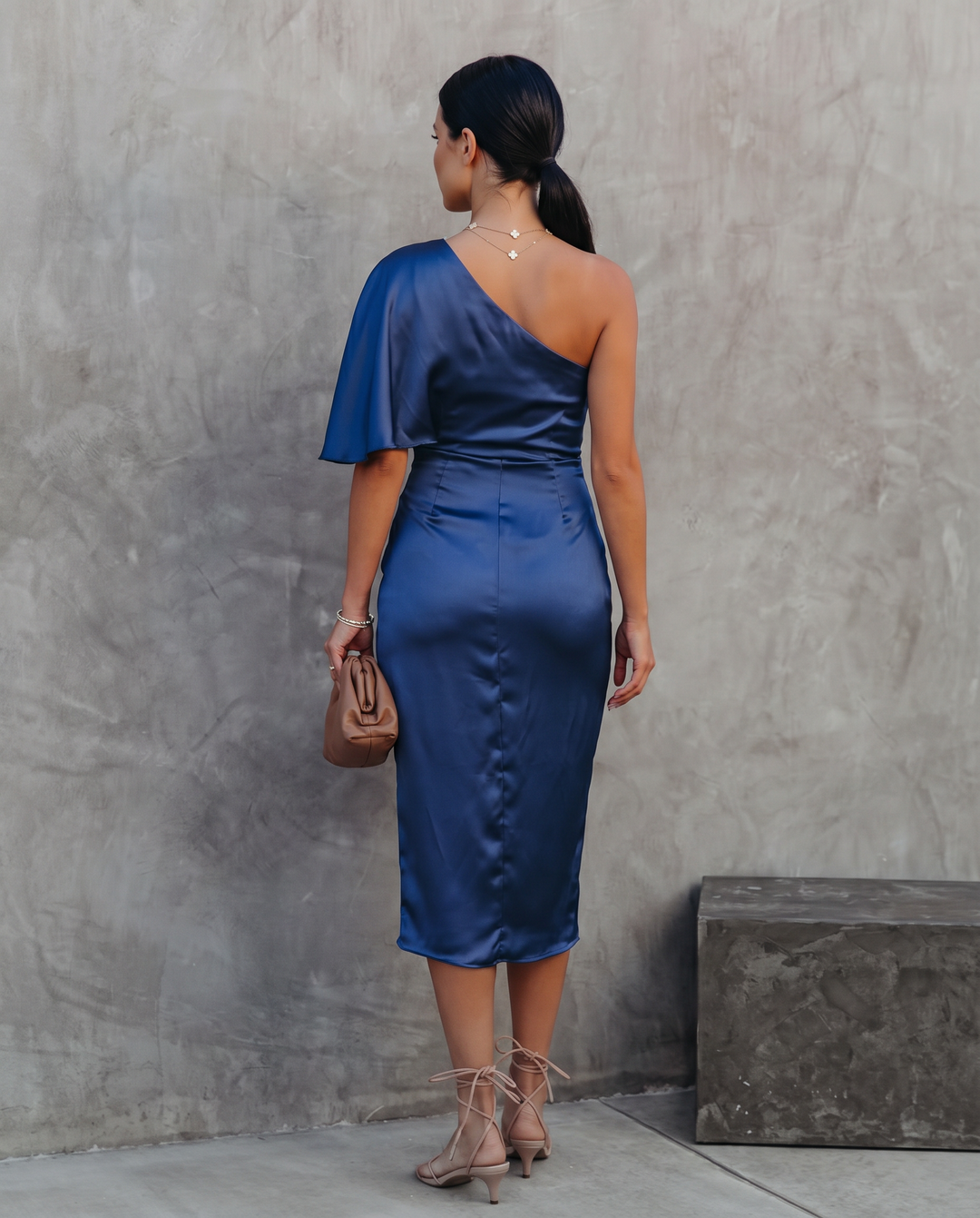 Ember | Satin Midi Dress with One-Shoulder Drape