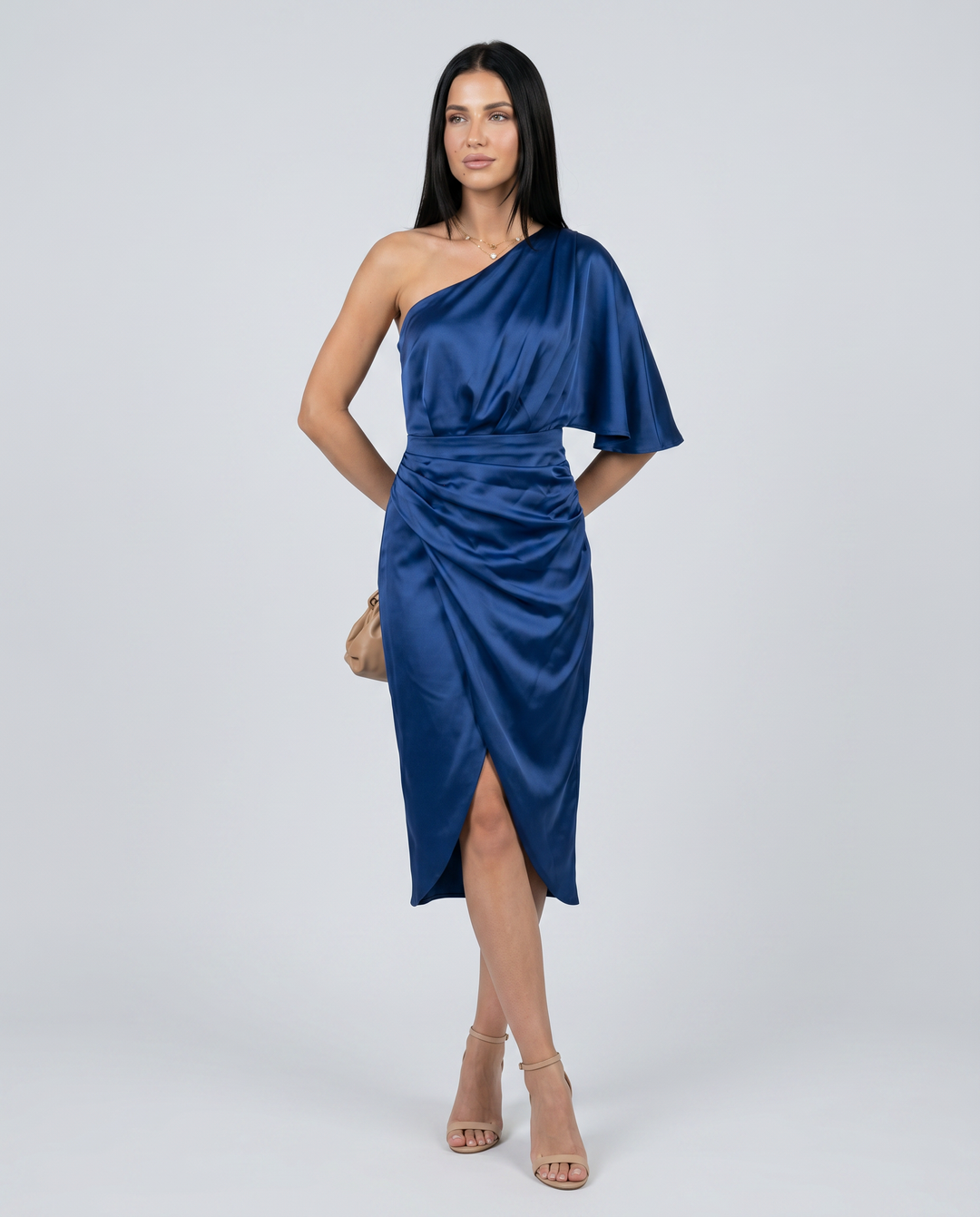 Ember | Satin Midi Dress with One-Shoulder Drape