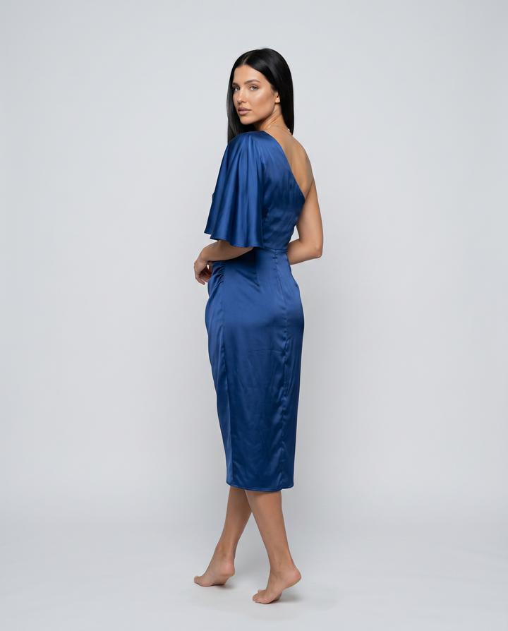 Ember | Satin Midi Dress with One-Shoulder Drape