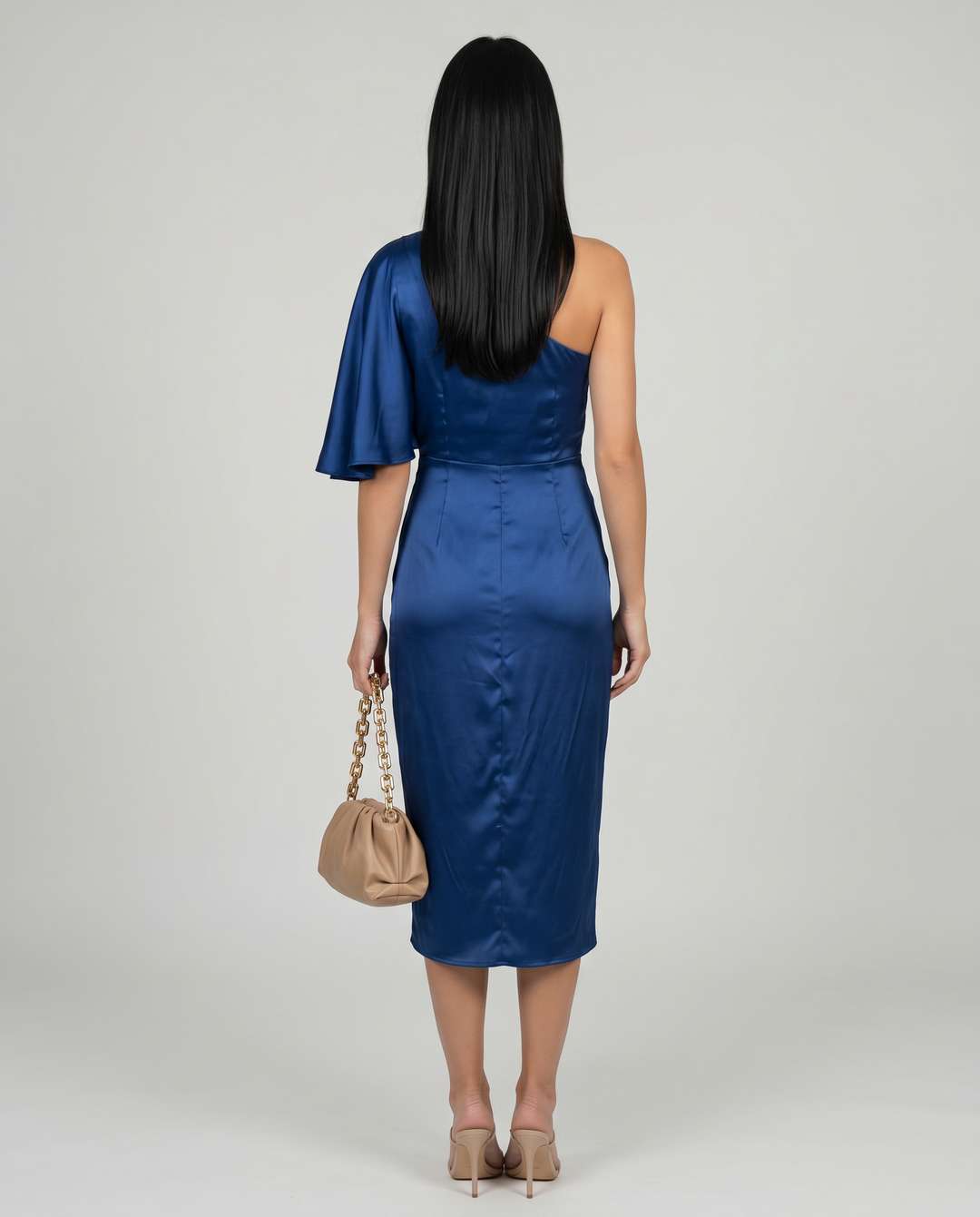 Ember | Satin Midi Dress with One-Shoulder Drape