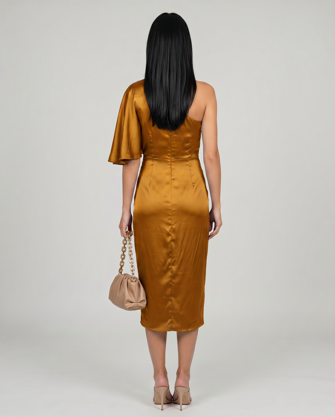 Ember | Satin Midi Dress with One-Shoulder Drape