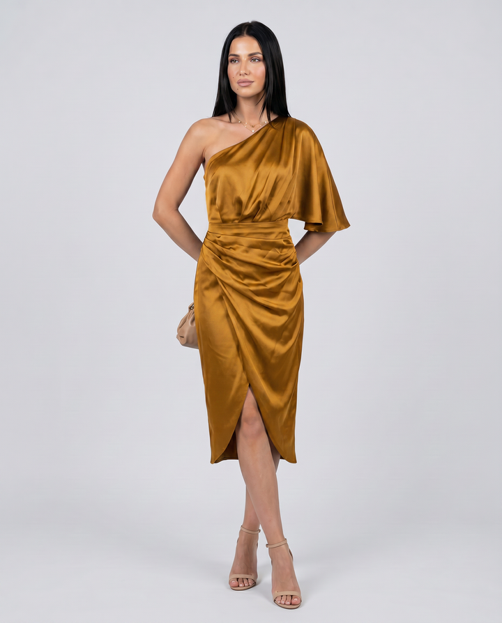 Ember | Satin Midi Dress with One-Shoulder Drape