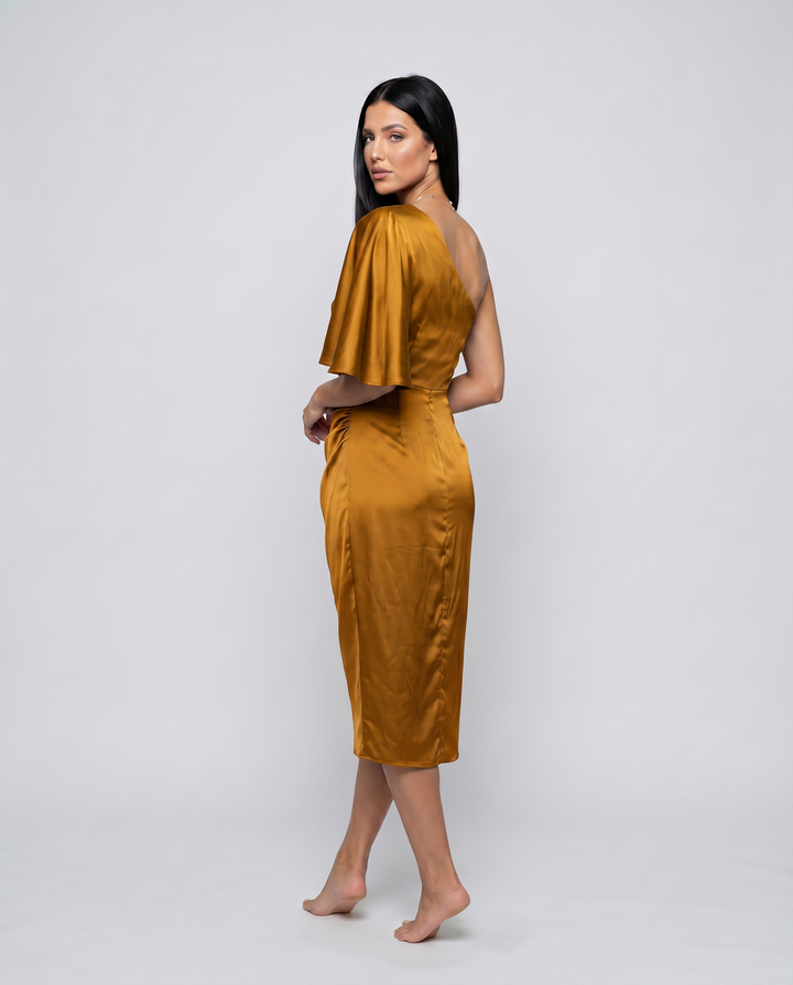 Ember | Satin Midi Dress with One-Shoulder Drape
