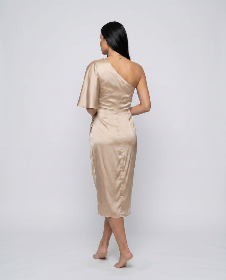 Ember | Satin Midi Dress with One-Shoulder Drape
