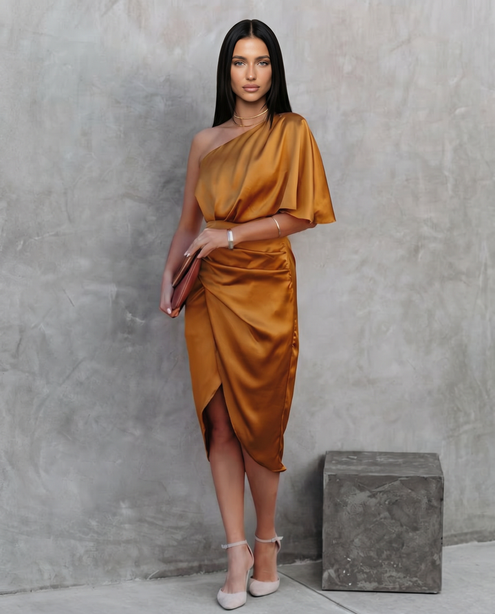 Ember | Satin Midi Dress with One-Shoulder Drape