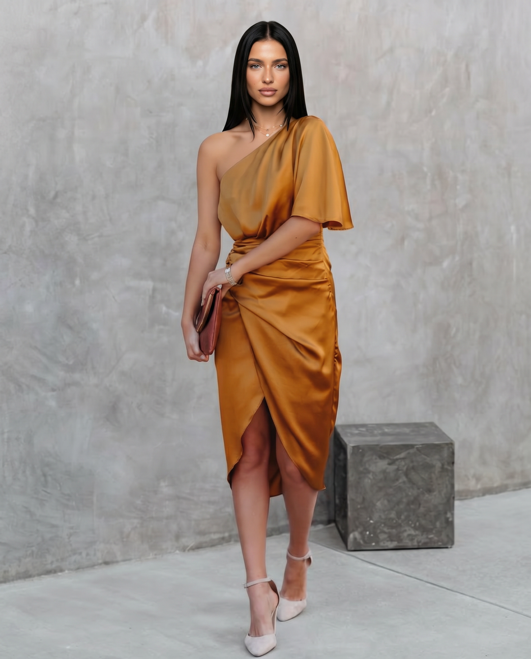 Ember | Satin Midi Dress with One-Shoulder Drape
