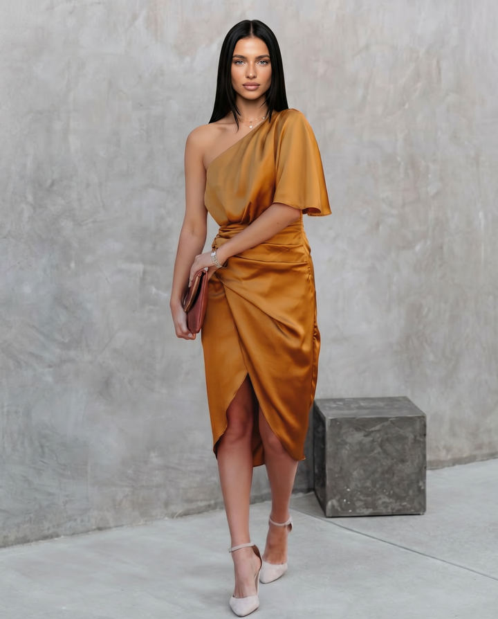Ember | Satin Midi Dress with One-Shoulder Drape