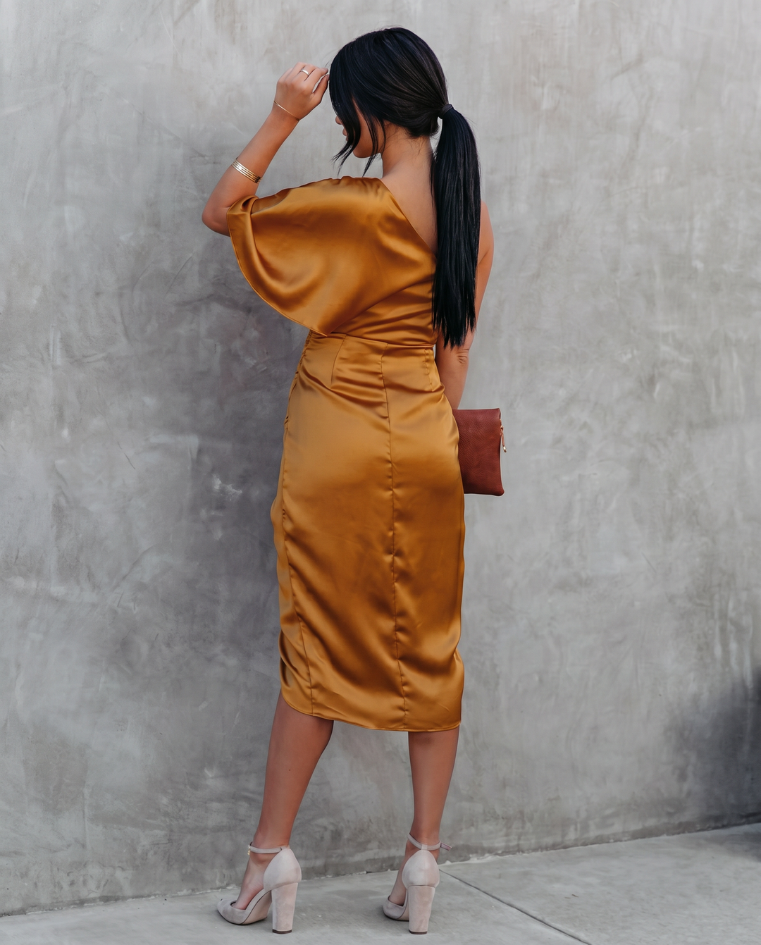 Ember | Satin Midi Dress with One-Shoulder Drape