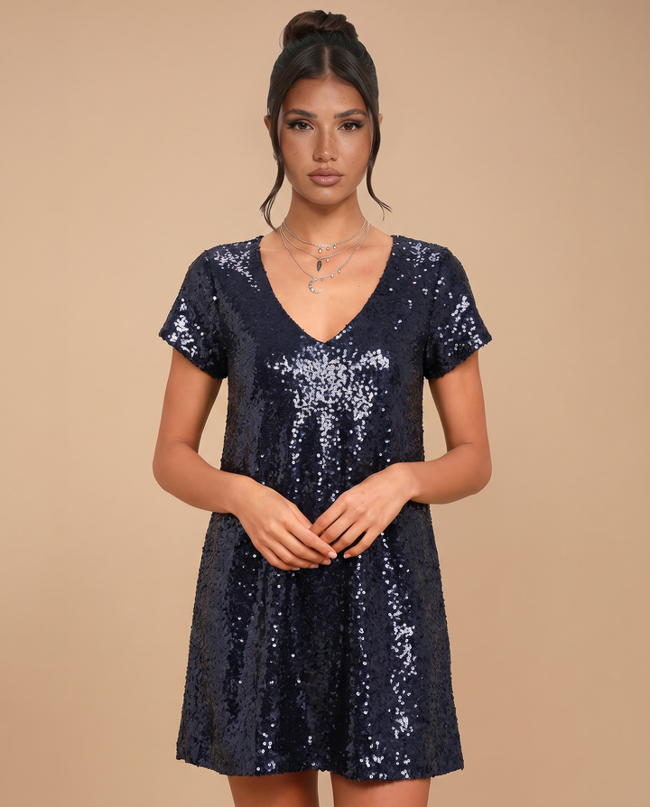Dahlia | Sequin Mini Shift Dress with V-Neck