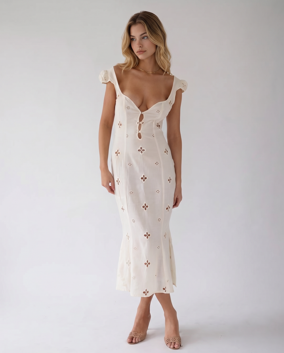 Izabelle | Midi Dress with Sweetheart Neckline and Cap Sleeves