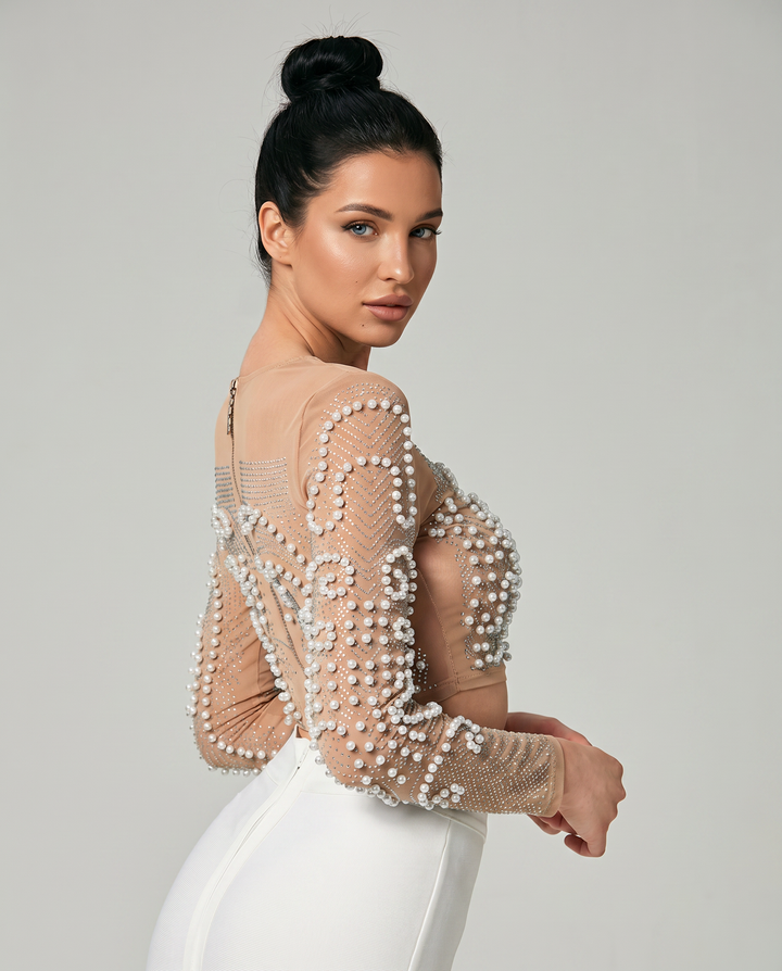 Motina | Two-Piece Set with Pearl Mesh Crop Top