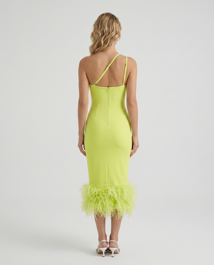 Alyssa | Midi Dress with Feather Hem and One Shoulder Strap