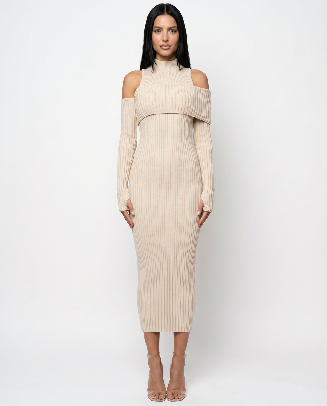 Marisa | Midi Dress with Ribbed Knit and Cold Shoulder Detail