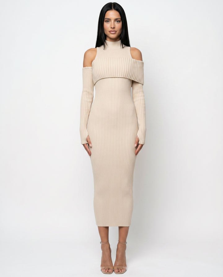 Marisa | Midi Dress with Ribbed Knit and Cold Shoulder Detail
