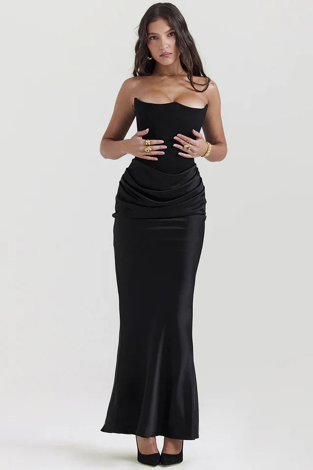 Kris | Maxi Dress with Strapless Bustier and Draped Skirt