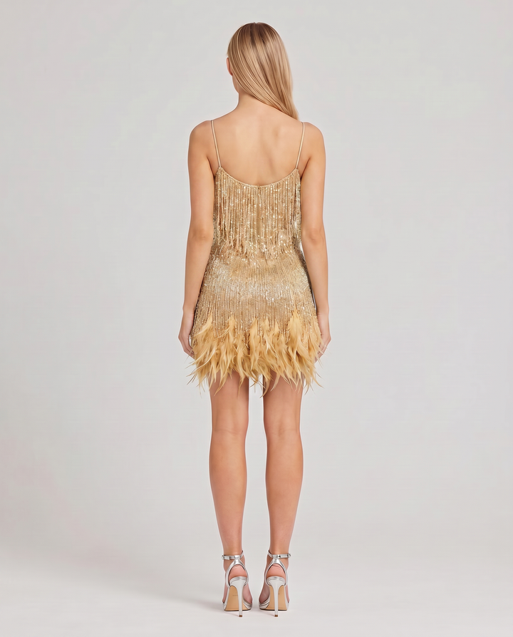 Marla | Mini Dress with Sequin Fringe and Feather Hem