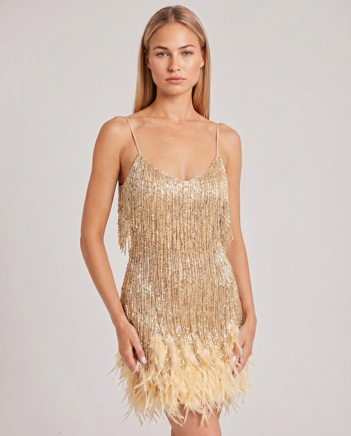 Marla | Mini Dress with Sequin Fringe and Feather Hem