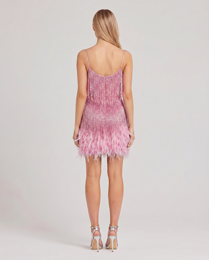 Marla | Mini Dress with Sequin Fringe and Feather Hem