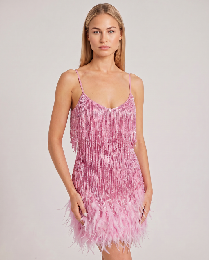 Marla | Mini Dress with Sequin Fringe and Feather Hem