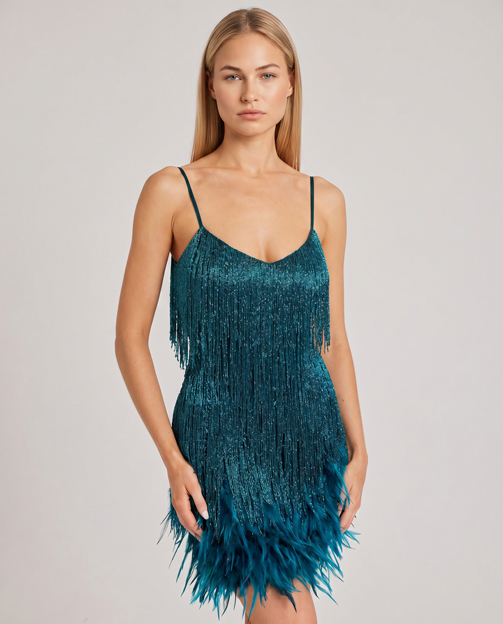 Marla | Mini Dress with Sequin Fringe and Feather Hem