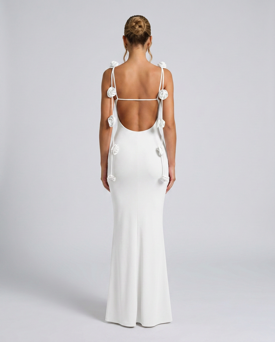 Elenora | Maxi Dress with Low Back and Floral Strap Detail
