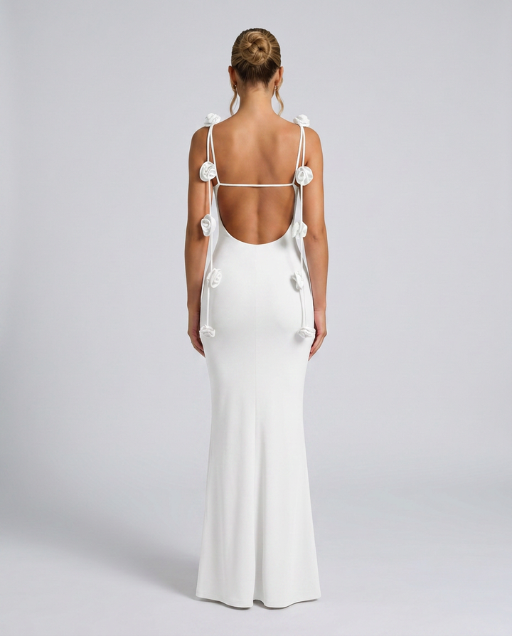 Elenora | Maxi Dress with Low Back and Floral Strap Detail