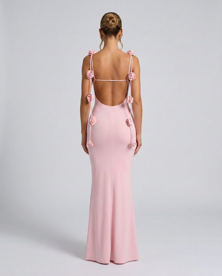 Elenora | Maxi Dress with Low Back and Floral Strap Detail